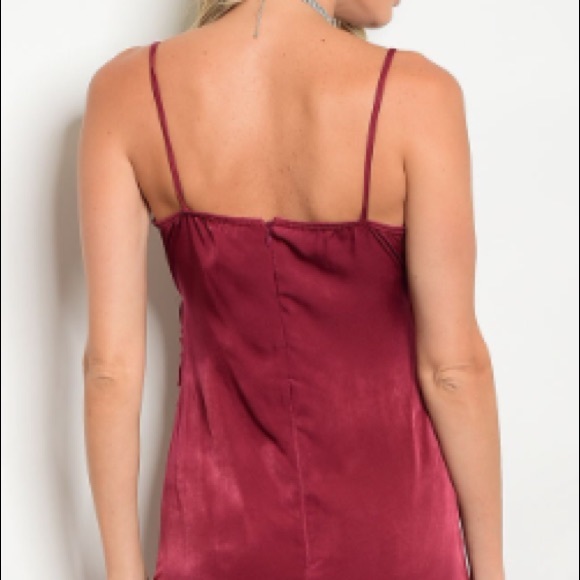 Wine Spaghetti strap wrap front satin maxi dress. - Picture 5 of 6